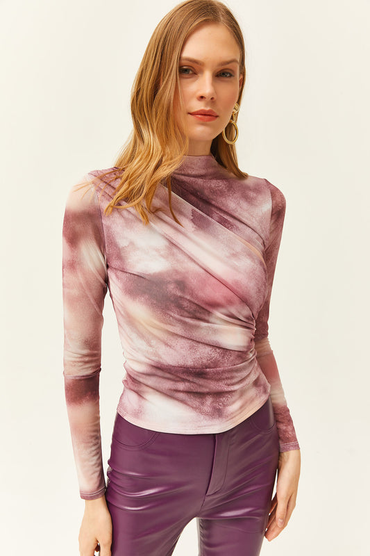 Olalook Women's Dusty Rose Drape Detailed Front Lined Tulle Blouse Dried Rose Women