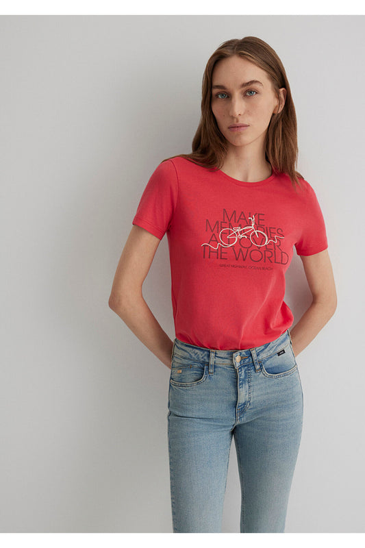 Mavi Bicycle Printed Red T-Shirt Slim Fit - Slim Fit Pink Women