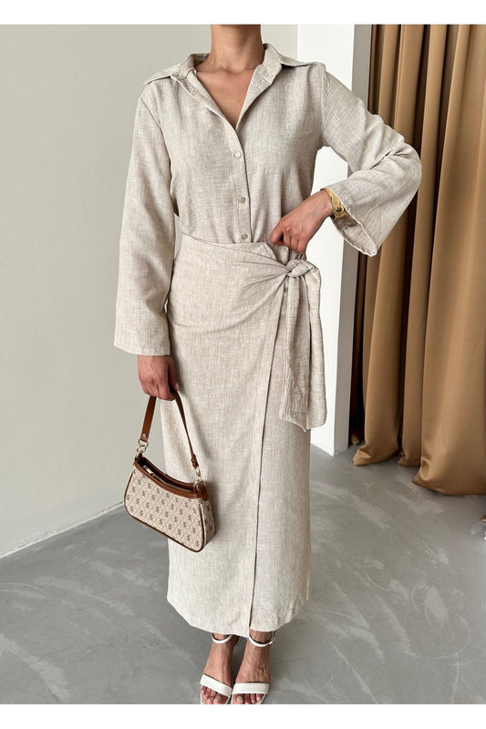 Laluvia Coffee Lacing Detailed Skirt Set Beige Women