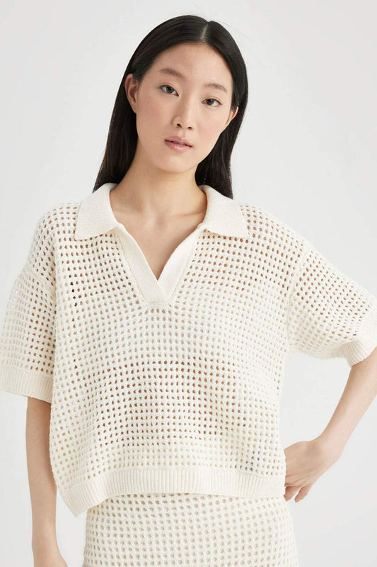 DeFacto Relax Fit Polo Collar Openwork Short Sleeve Knitwear T-Shirt Ecru Women