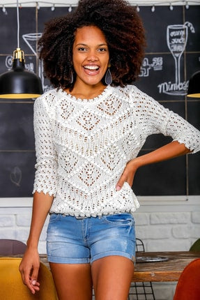 Chiccy Women's Ecru Round Neck Perforated Knitted 3-4 Sleeve Knitwear Blouse Women
