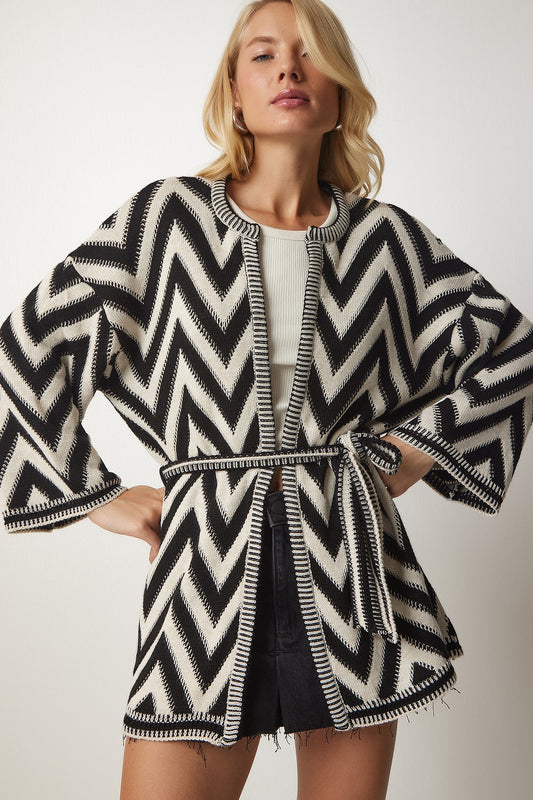 Happiness İstanbul Women's Black Cream Belted Knit Cardigan Women