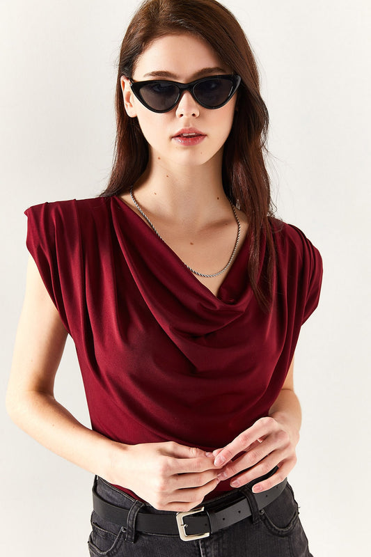 Olalook Women's Claret Red Padded Collar Loose Blouse Burgundy Women
