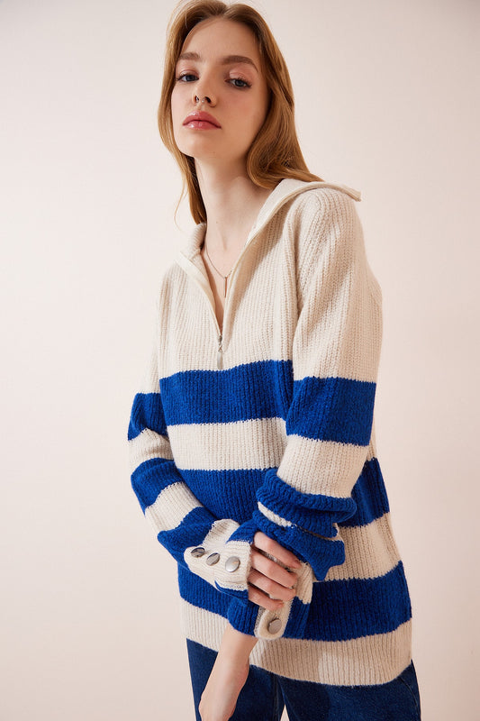 Happiness İstanbul Women's Cream Blue Zippered Turtleneck Striped Knitwear Sweater Women