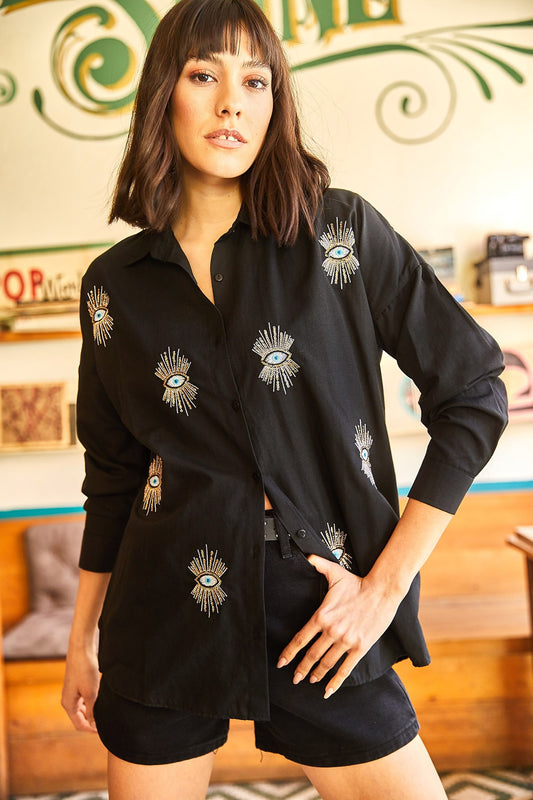 Olalook Women's Black Eye Sequin Detailed Woven Boyfriend Shirt Black Eyes Women