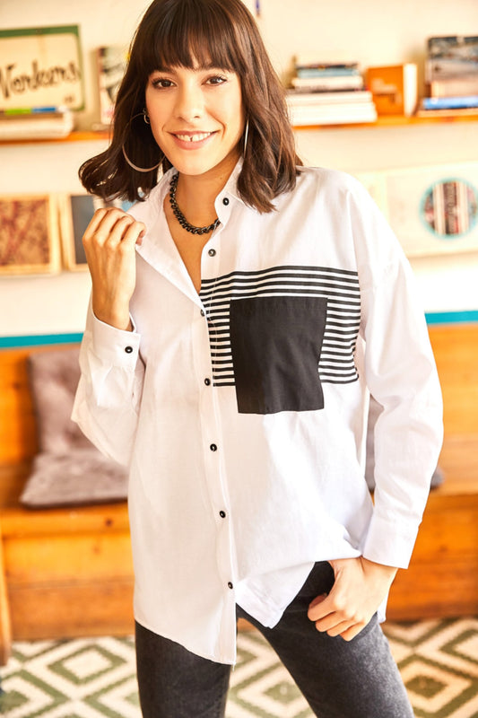 Olalook Women's White Oversize Woven Shirt with Pocket Detail Women