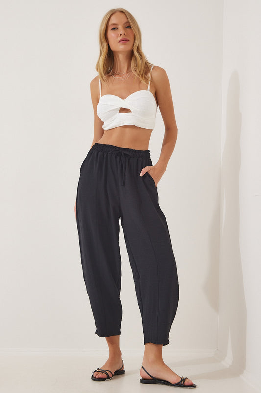 Happiness İstanbul Women's Black Linen Shalwar Trousers Women