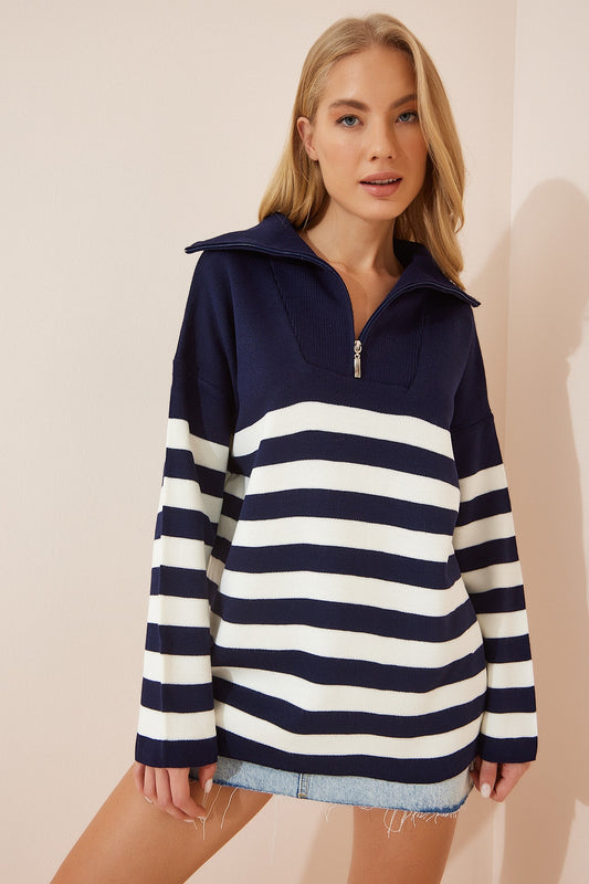 Happiness İstanbul Women's White Navy Blue Zippered Stand Collar Striped Oversize Knitwear Sweatshirt Women