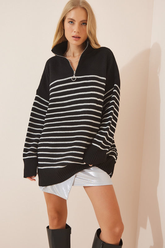 Happiness İstanbul Women's Black Zippered Stand Collar Striped Oversize Sweater Women