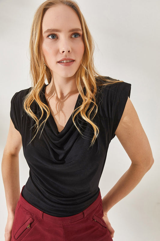 Olalook Women's Black Padded Collar Loose Blouse Women
