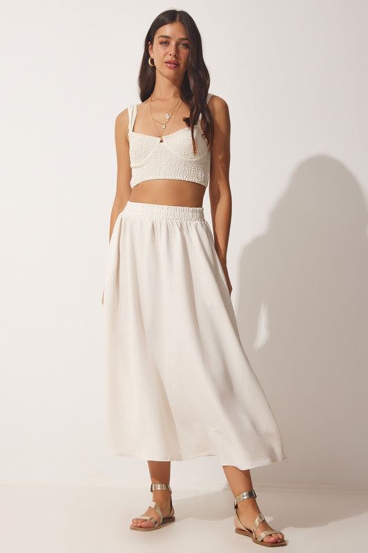 Happiness İstanbul Women's Cream Pocketed Woven Flared Skirt Women