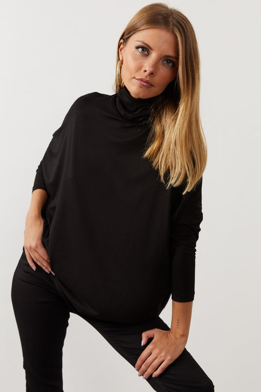 Cool & Sexy Women's Black Bat Sleeve Turtleneck Blouse Women