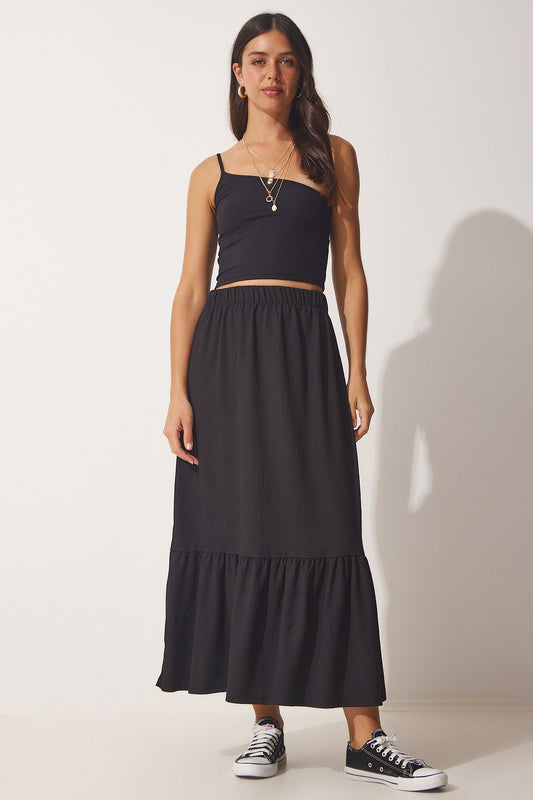 Happiness İstanbul Women's Black Flounce Summer Midi Skirt Women