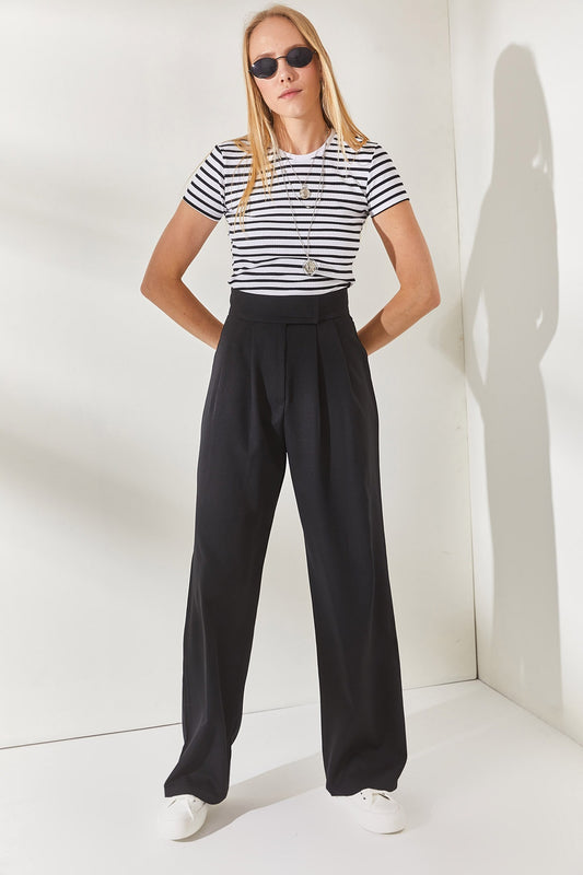 Olalook Black Velcro Waist Pleated Palazzo Trousers Women