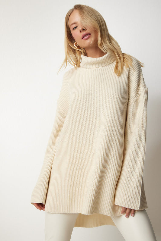 Happiness İstanbul Women's Cream Turtleneck Oversize Knitwear Sweater Women