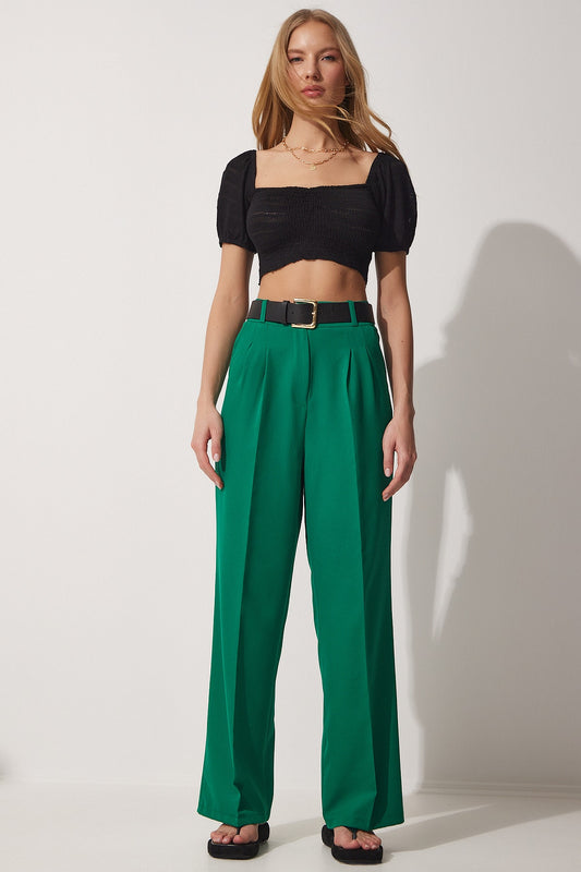Happiness İstanbul Wide Leg Masculine Woven Trousers Green Women