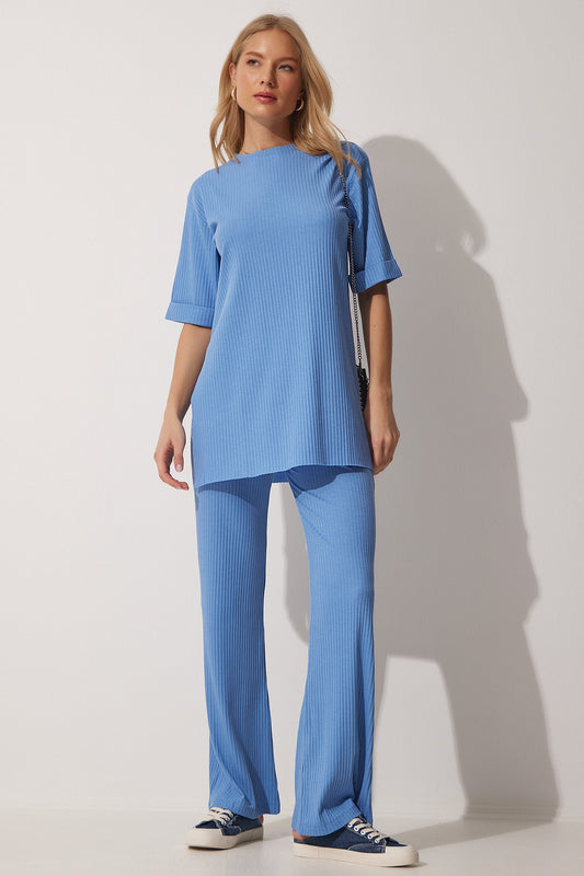 Happiness İstanbul Women's Light Blue Corded Stretch Knitted Top and Bottom Set Women
