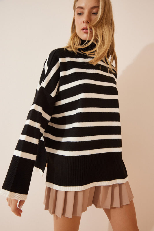 Happiness İstanbul Women's Bone Black Turtleneck Oversize Striped Knitwear Sweater Women