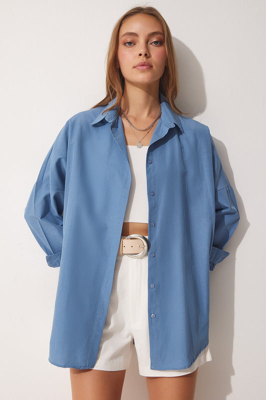 Happiness İstanbul Women's Indigo Blue Oversize Long Basic Shirt Women