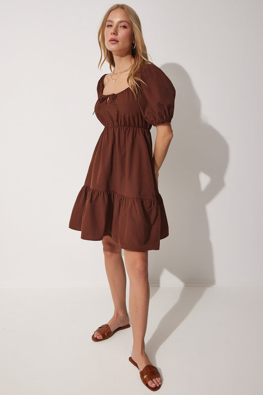 Happiness İstanbul Gathered Collar Flared Poplin Dress Brown Women