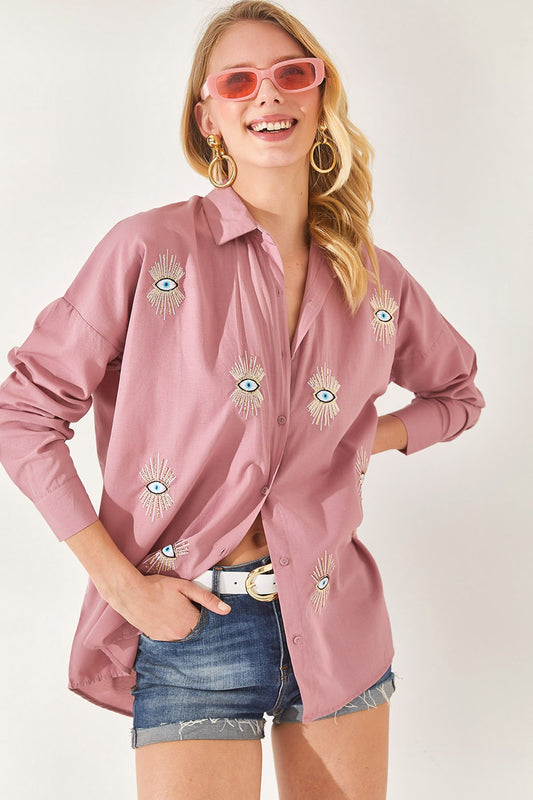 Olalook Dried Rose Sequin Detailed Woven Boyfriend Shirt Women