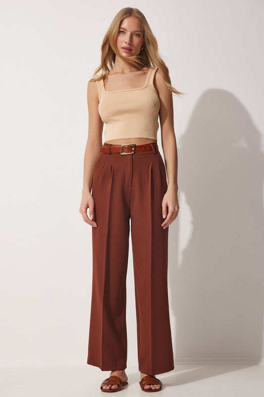 Happiness İstanbul Women's Brown Wide Leg Masculine Woven Trousers Women