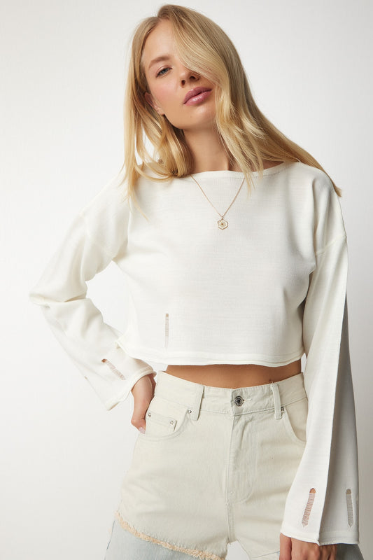 Happiness İstanbul Women's Bone Ripped Detailed Knitwear Crop Sweater Women