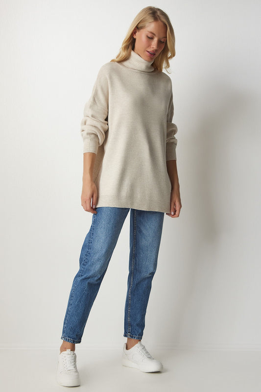 Happiness İstanbul Women's Beige Turtleneck Oversize Knitwear Sweatshirt Women