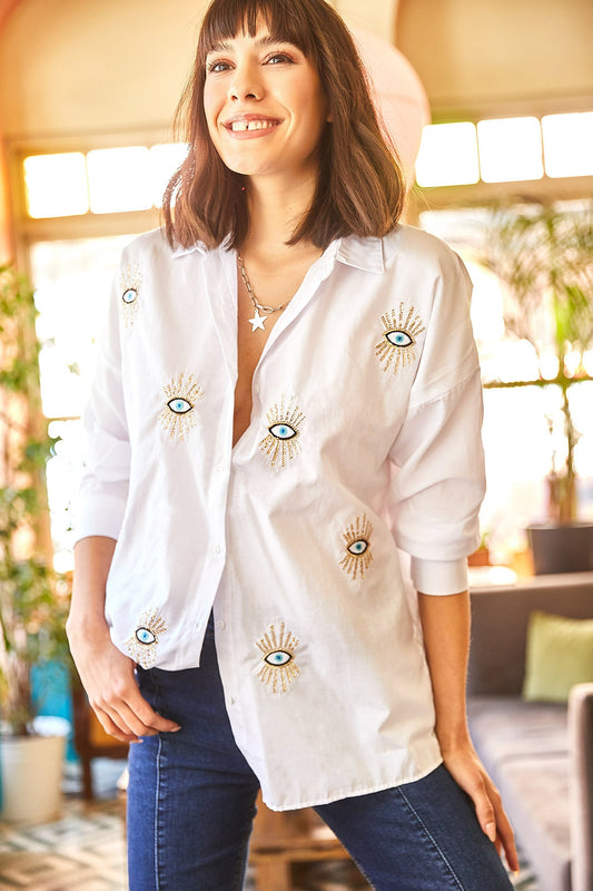 Olalook Women's White Eye Sequin Detailed Woven Boyfriend Shirt Women