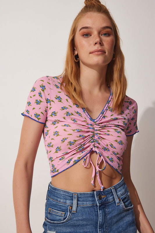 Happiness İstanbul Women's Pink Floral Gathered Crop Knitted Blouse Women