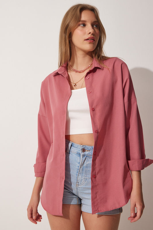 Happiness İstanbul Women's Dark Rose Dried Oversize Long Basic Shirt Women