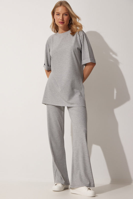 Happiness İstanbul Women's Gray Corded Stretch Knitted Top and Bottom Set Women