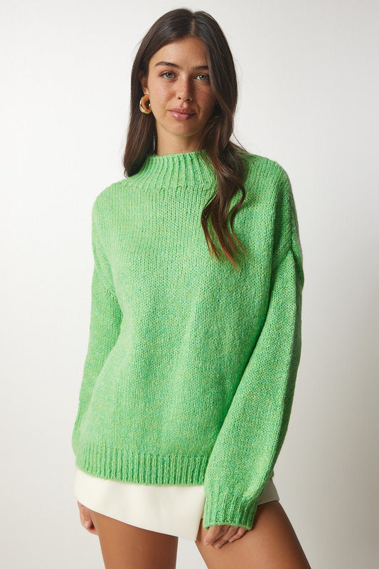 Happiness İstanbul Women's Light Green Stand Collar Basic Knitwear Sweater Women