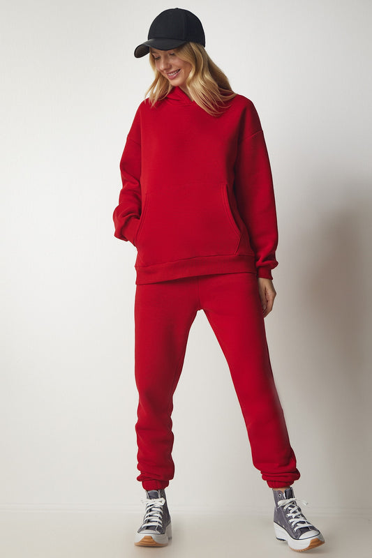 Happiness İstanbul Women's Red Hooded Fleece Tracksuit Set Women