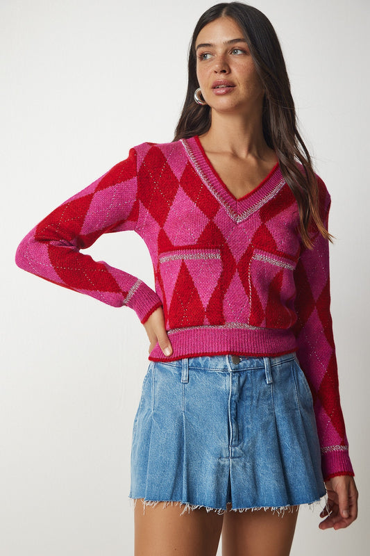 Happiness İstanbul Women's Fuchsia Red Diamond Patterned Pocket Knitwear Sweater Women