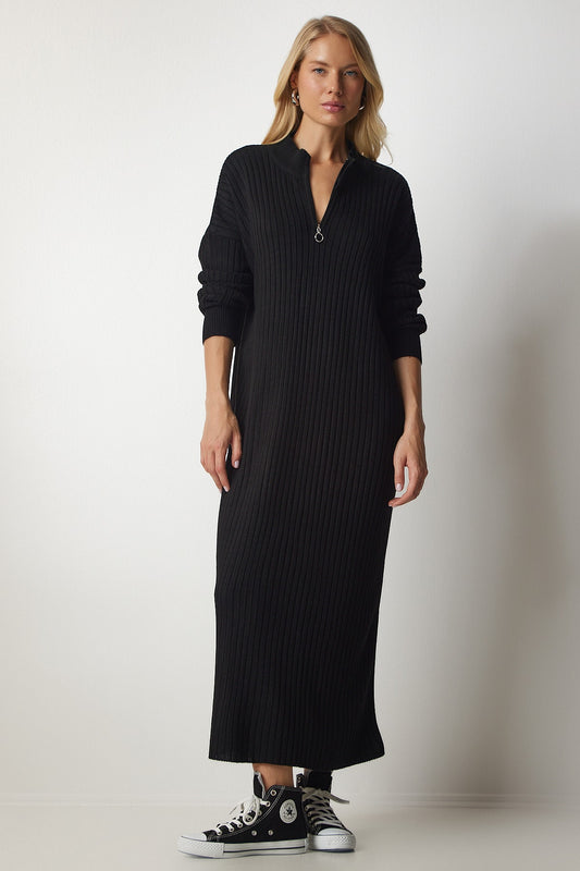 Happiness İstanbul Women's Black Ribbed Oversize Knitwear Dress Women