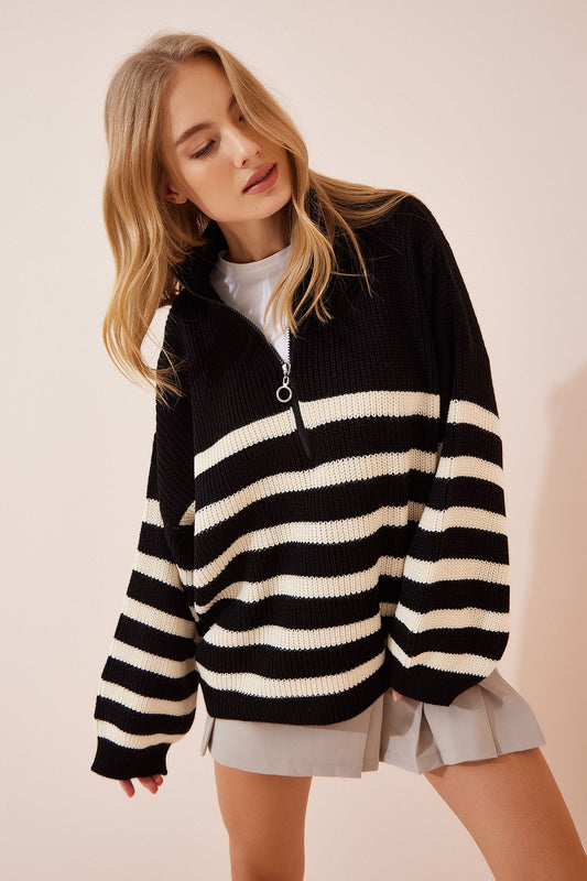 Happiness İstanbul Woman's Black Zippered Stand Collar Striped Oversize Sweatshirt Women