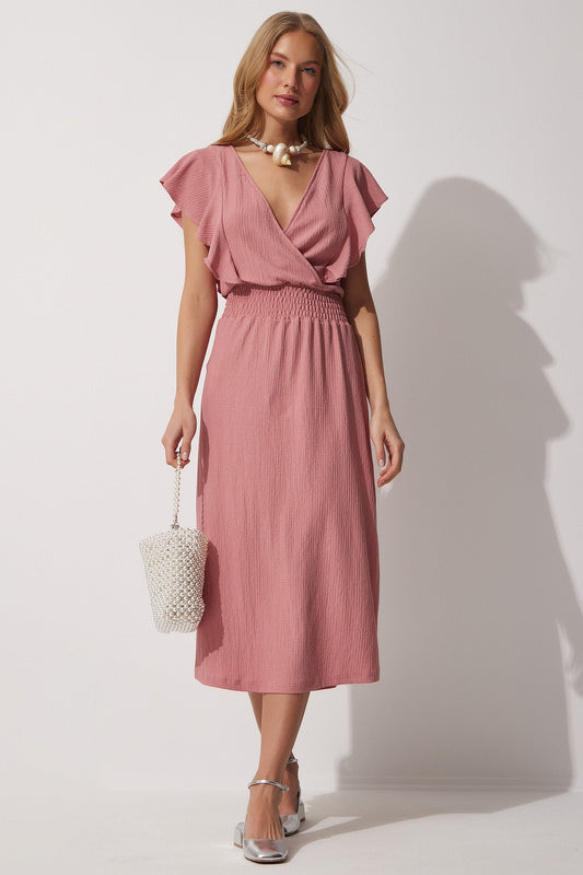 Happiness İstanbul Women's Dusty Rose Flounce Textured Knitted Dress Dried Rose Women