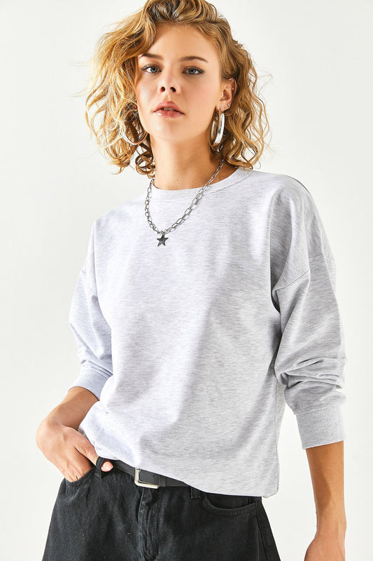 Olalook Women's Gray Melange Basic Soft Textured Casual Sweatshirt Grey Melange Women
