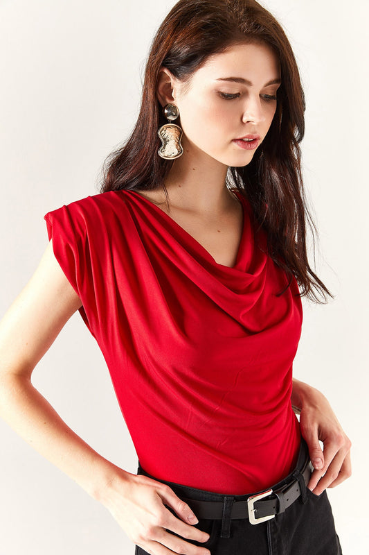 Olalook Women's Red Padded Collar Loose Blouse Women