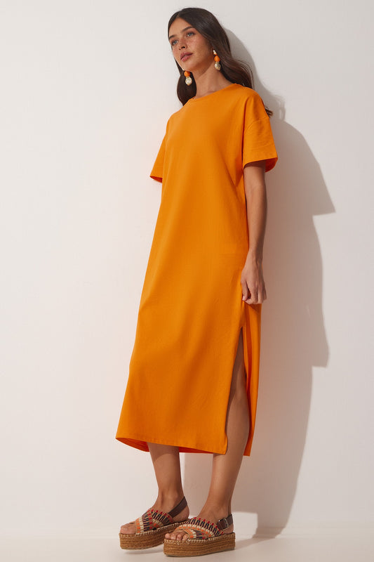 Happiness İstanbul Women's Orange Cotton Summer Daily Combed Cotton Dress Women