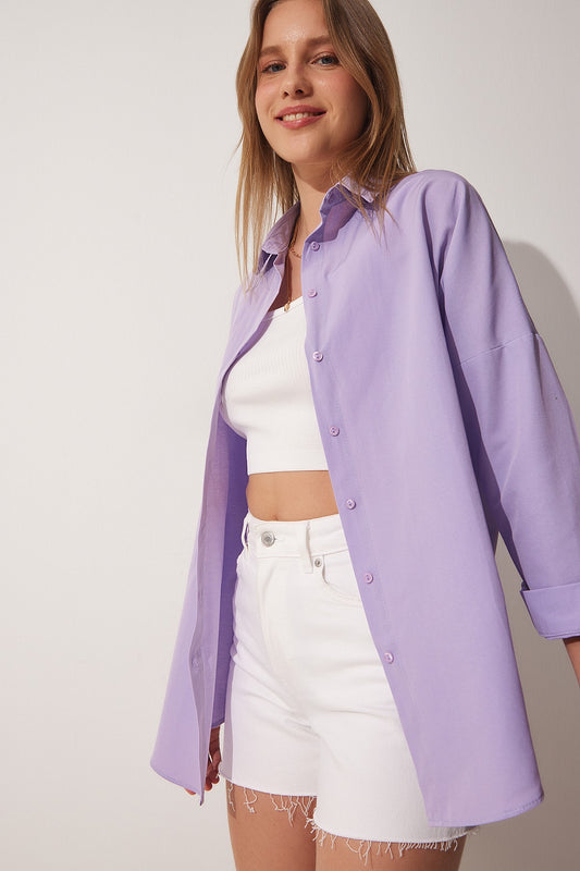 Happiness İstanbul Women's Light Lilac Oversize Long Basic Shirt Women