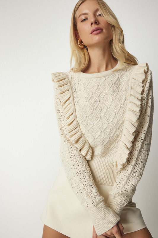 Happiness İstanbul Women's Cream Frilly Detailed Knit Sweater Nude Color Women