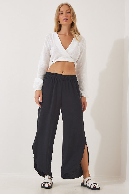 Happiness İstanbul Women's Black Side Slit Ayrobin Shalwar Trousers Women
