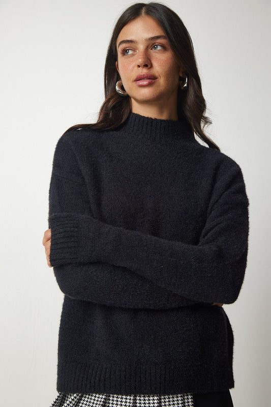Happiness İstanbul Woman's Black Stand Collar Bearded Knit Sweater Women