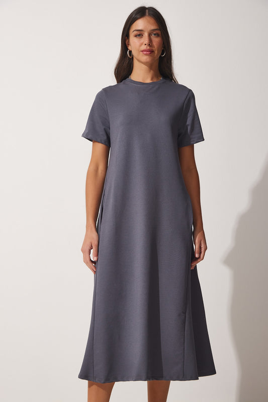 Happiness İstanbul Women's Anthracite A-Line Summer Combed Cotton Dress Women
