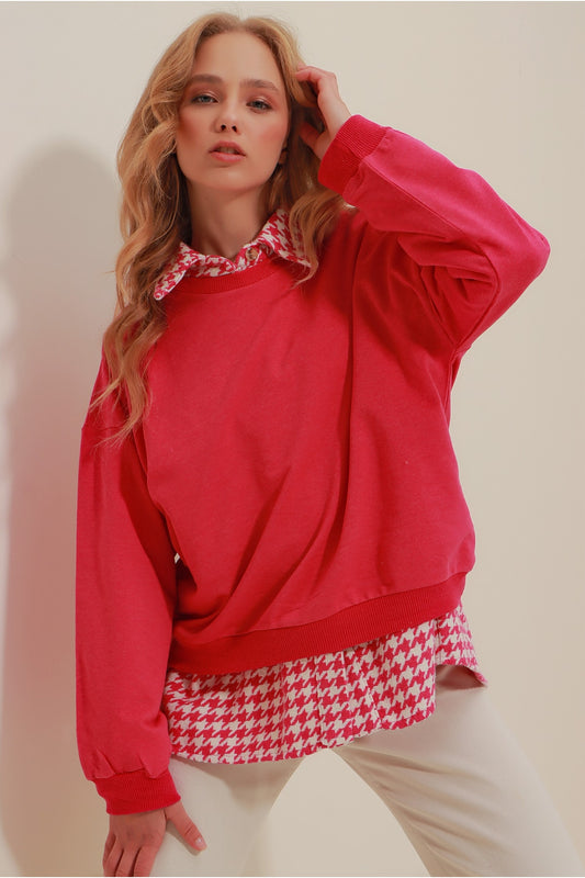Trend Alaçatı Stili Women's Fuchsia Crew Neck Oversize Basic Sweatshirt Women