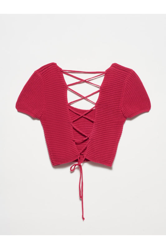 Dilvin Square Neck Lace-Up Back Short Sleeve Sweater-Fuchsia Women
