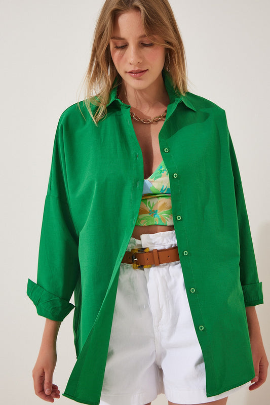 Happiness İstanbul Women's Vibrant Green Oversize Long Basic Shirt Women