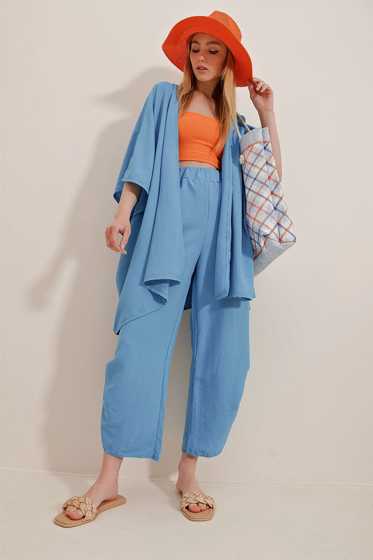 Trend Alaçatı Stili Women's Aviator Blue Leg Slit Self-Textured Pants And Jacket Double Suit Women